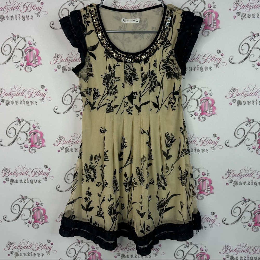 Twins party dress embroidered sequins ruffle flowers Floral Black and Cream